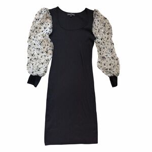 Almost Famous Black Knit Dress Sheer Floral Puff Sleeve Midi Women’s Large